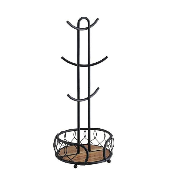 Gahl Heavy Wire Gauge 6 Mug Black Tree Holder w/Storage - 7" D, 7" H, 18.2" L - Picture 1 of 6